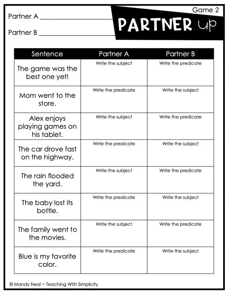 3rd Grade Parts of a Sentence Partner Game 2