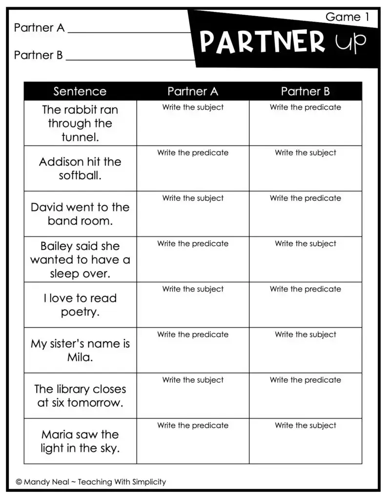 3rd Grade Parts of a Sentence Partner Game 1