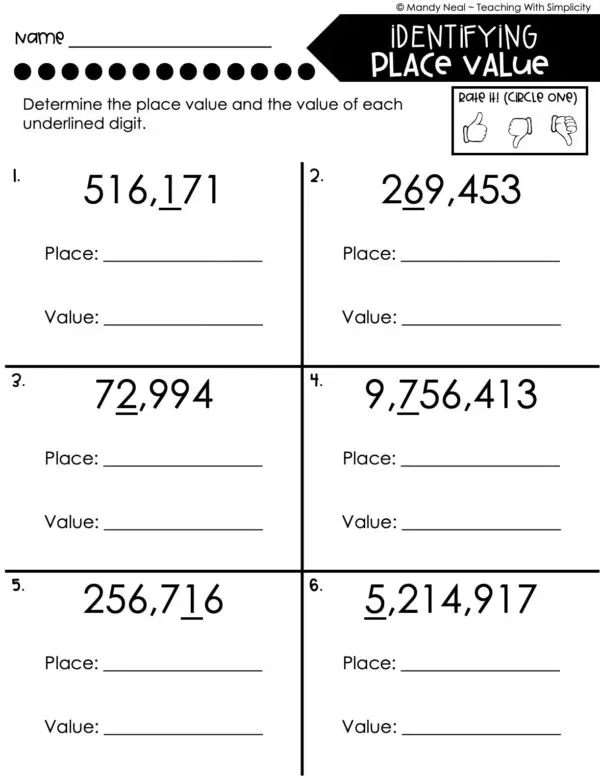 4th Grade Place Value Worksheet - Place and Value of Digit 1