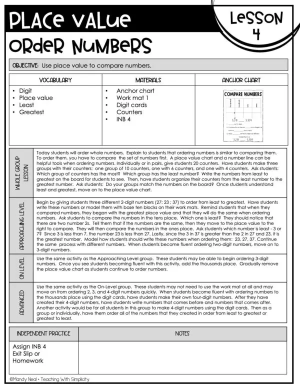 3rd Grade Place Value Order Numbers Lesson 4