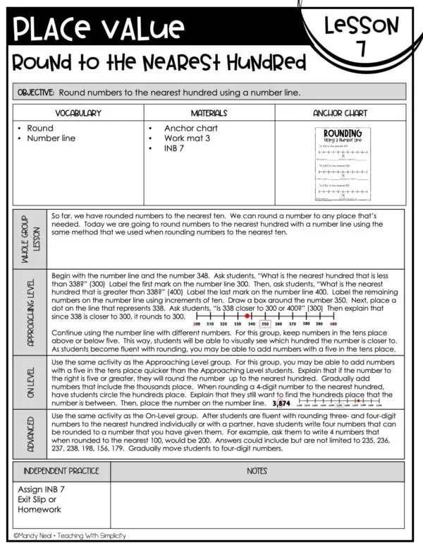 3rd Grade Rounding to the Nearest 100 Using a Number Line Lesson 7