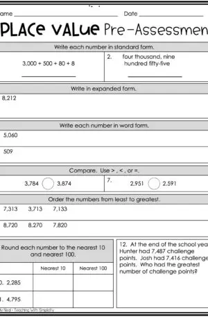 3rd Grade Place Value Pre-Assessment