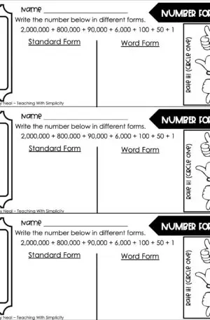 5th Grade Place Value Exit Ticket – Number Forms 3