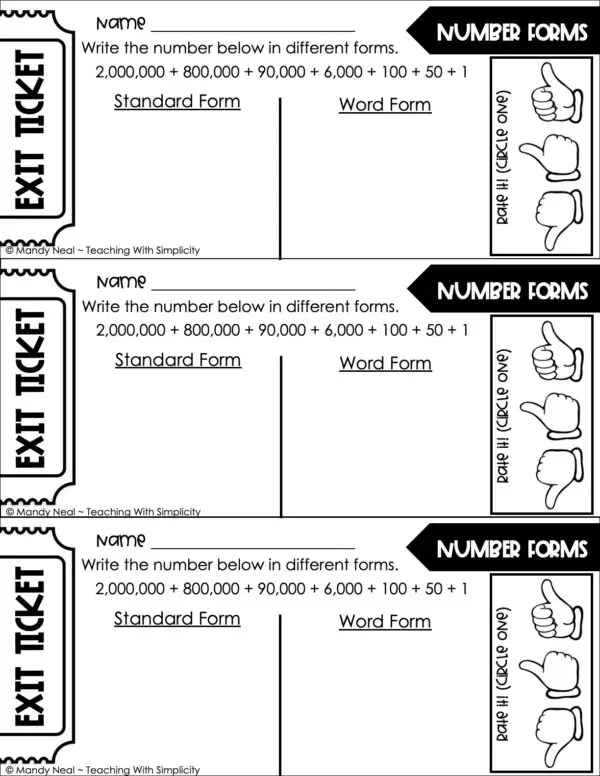 5th Grade Place Value Exit Ticket – Number Forms 3