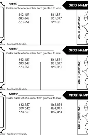 4th Grade Place Value - Order Numbers Exit Ticket 1