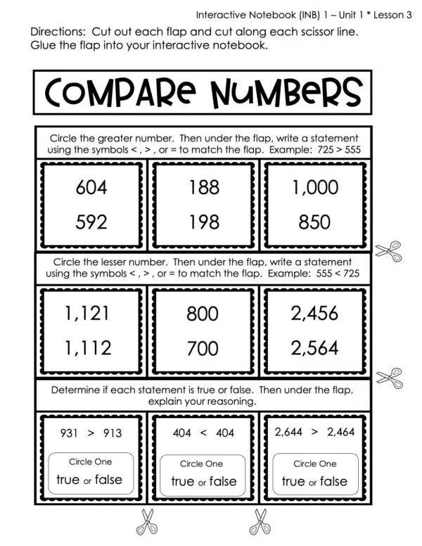 3rd Grade Compare Numbers Interactive Notebook