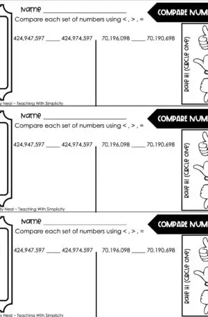 5th Grade Place Value Exit Ticket – Compare Numbers 2