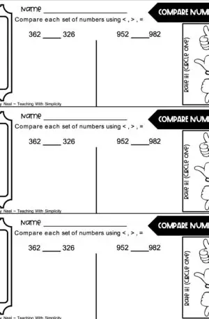 3rd Grade Place Value Exit Ticket-Compare Numbers 1