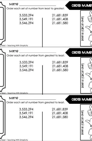 5th Grade Place Value Exit Ticket – Order Whole Numbers 1