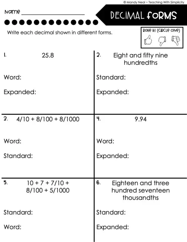 5th Grade Place Value Worksheet - Decimal Forms 1