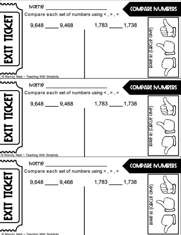 3rd Grade Place Value Exit Ticket-Compare Numbers 2