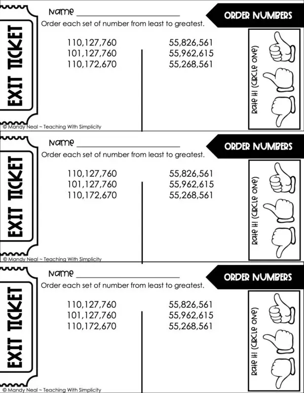 5th Grade Place Value Exit Ticket – Order Whole Numbers 2