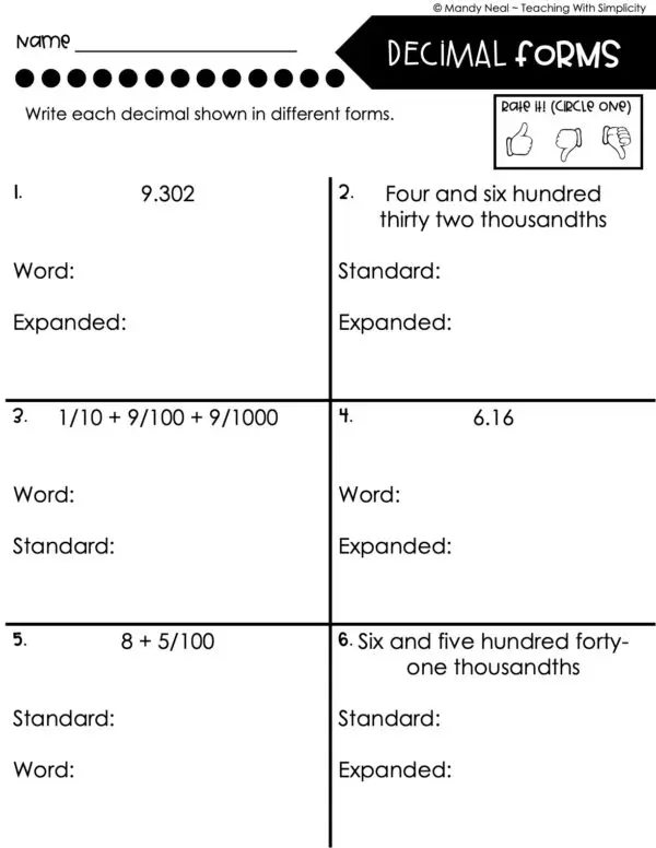 5th Grade Place Value Worksheet - Decimal Forms 2