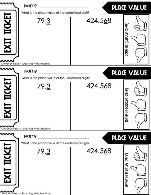 5th Grade Place Value Exit Ticket - Value of Decimals 1