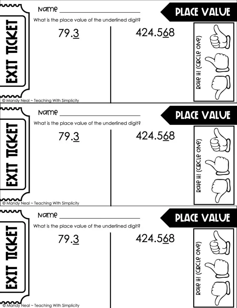 5th Grade Place Value Exit Ticket - Value of Decimals 1