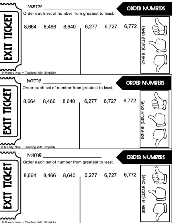 3rd Grade Place Value Exit Ticket-Order Numbers 2