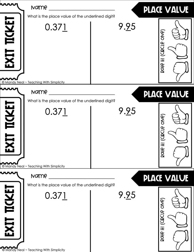 5th Grade Place Value Exit Ticket - Value of Decimals 2