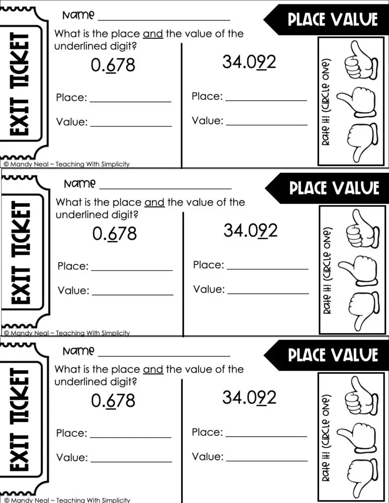 5th Grade Place Value Exit Ticket - Place and Value of Decimals 1