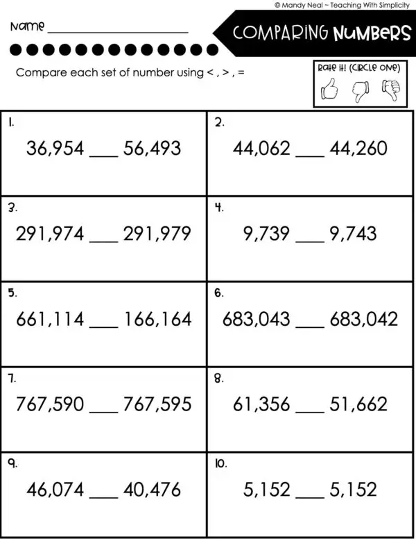 4th Grade Place Value Worksheet - Compare Whole Numbers 1