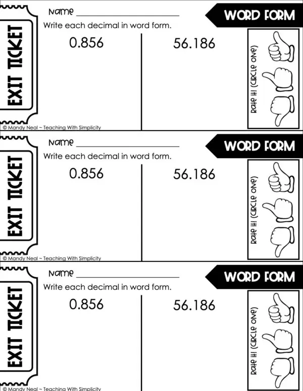 5th Grade Place Value Exit Ticket - Word Form Decimals