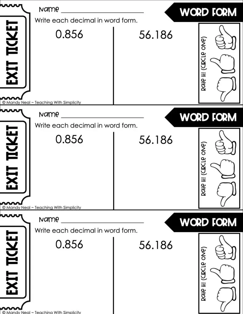 5th Grade Place Value Exit Ticket - Word Form Decimals