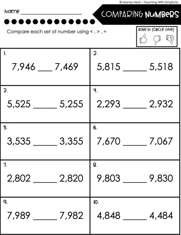 3rd Grade Place Value Worksheet - Comparing Numbers 1