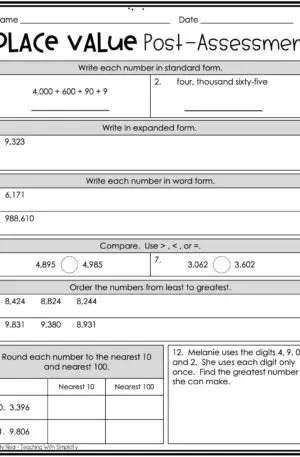 3rd Grade Place Value Post-Assessment