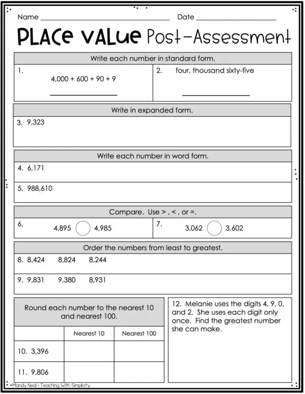 3rd Grade Place Value Post-Assessment