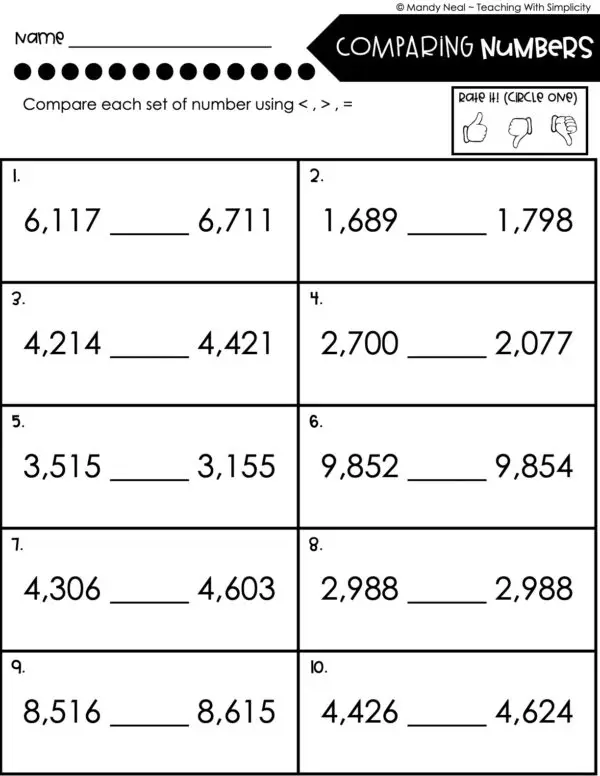 3rd Grade Place Value Worksheet - Comparing Numbers 2