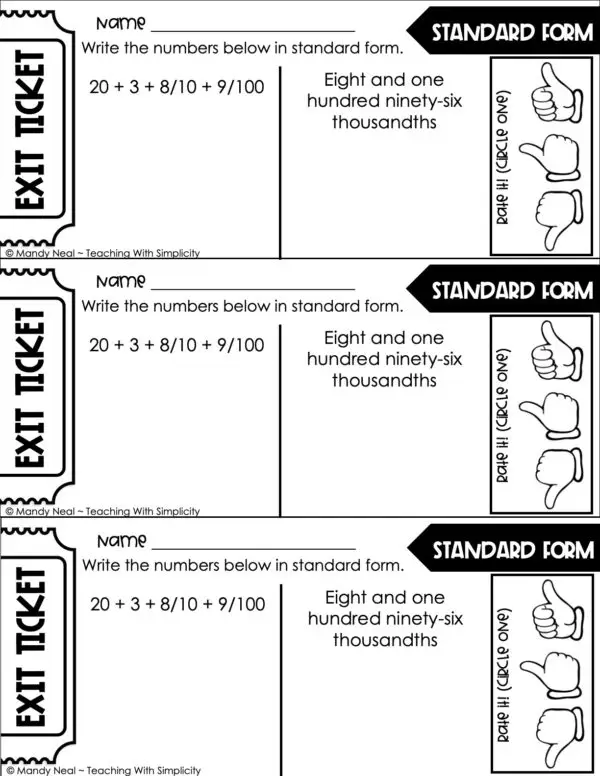 5th Grade Place Value Exit Ticket - Standard Form Decimals