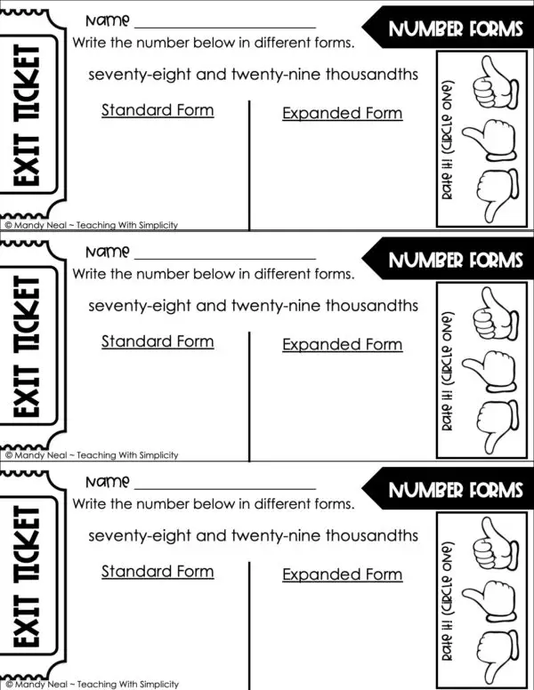 5th Grade Place Value Exit Ticket - Decimal Number Forms 2