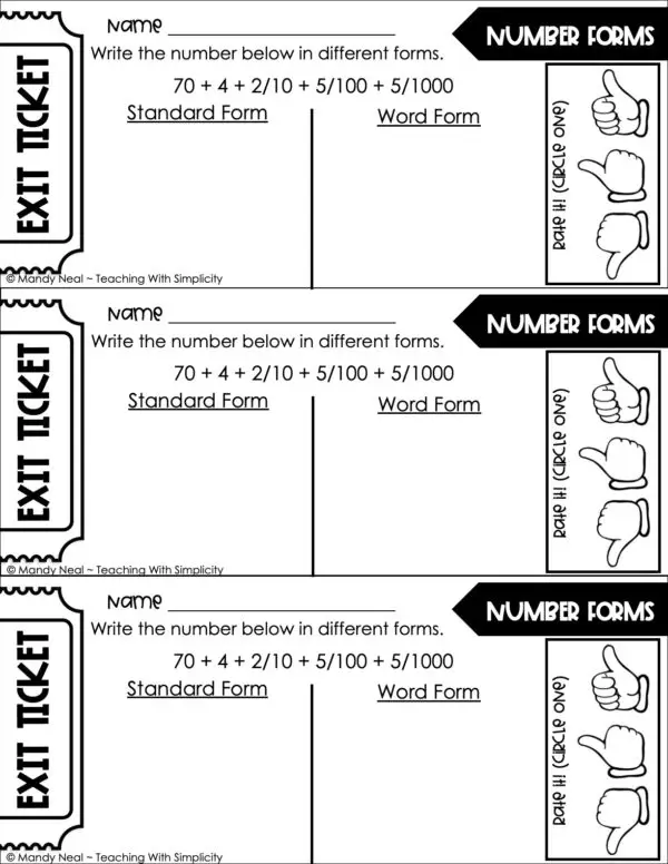 5th Grade Place Value Exit Ticket - Decimal Number Forms 3