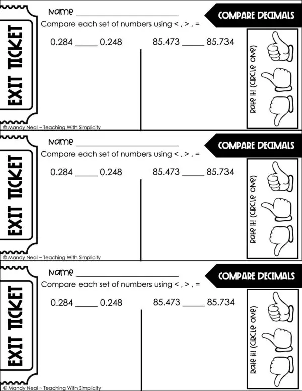 5th Grade Place Value Exit Ticket - Compare Decimals 1