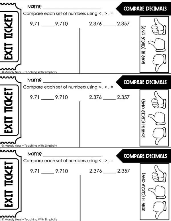 5th Grade Place Value Exit Ticket - Compare Decimals 2