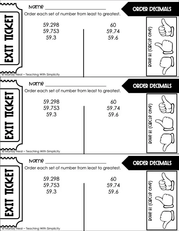 5th Grade Place Value Exit Ticket - Order Decimals 1