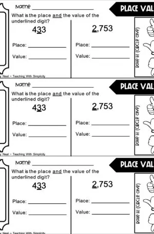 3rd Grade Place and Value of Underlined Digit Exit Ticket 1