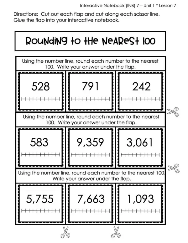 3rd Grade Rounding to the Nearest 100 Using a Number Line Interactive Notebook