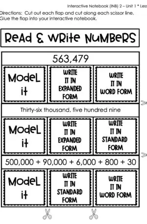 4th Grade Place Value Read and Write Whole Numbers Interactive Notebook