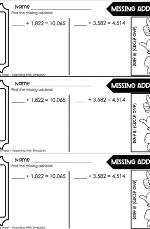 4th Grade Addition and Subtraction – Missing Addend Exit Ticket 2