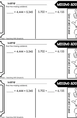 4th Grade Addition and Subtraction – Missing Addend Exit Ticket 3