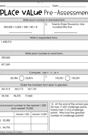 4th Grade Place Value Pre-Assessment