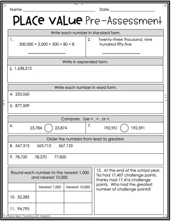 4th Grade Place Value Pre-Assessment