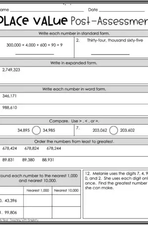 4th Grade Place Value Post-Assessment