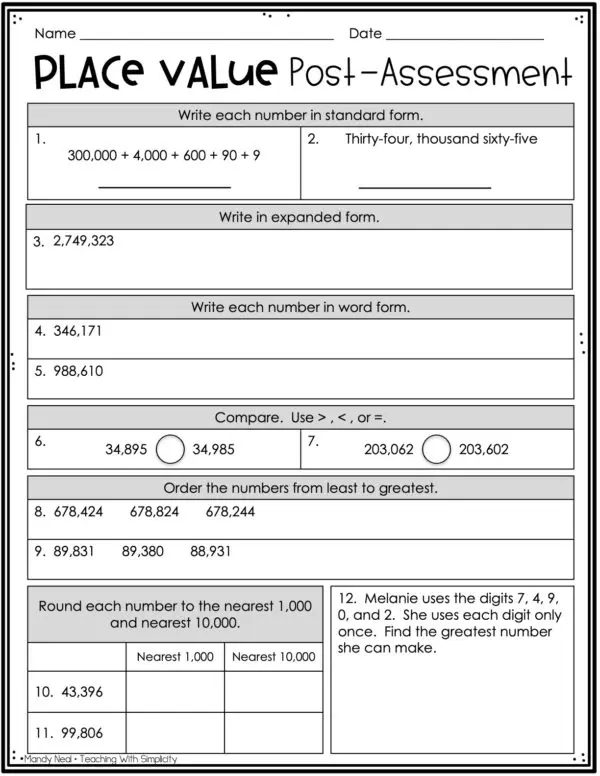 4th Grade Place Value Post-Assessment