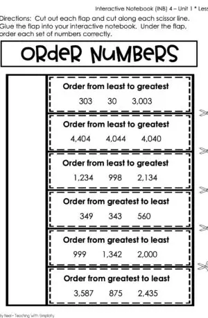 3rd Grade Order Numbers Interactive Notebook