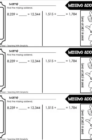 4th Grade Addition and Subtraction – Missing Addend Exit Ticket 4