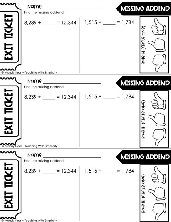 4th Grade Addition and Subtraction – Missing Addend Exit Ticket 4