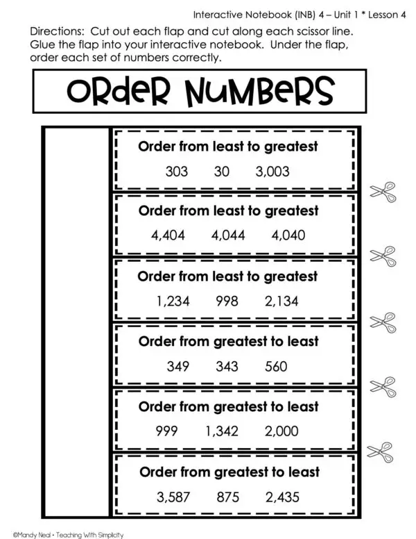 3rd Grade Order Numbers Interactive Notebook