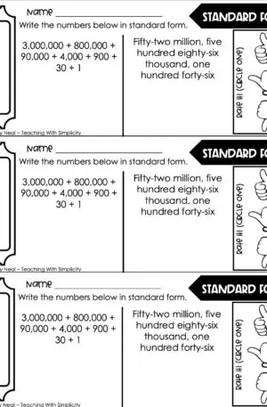 5th Grade Place Value Exit Ticket - Standard Form