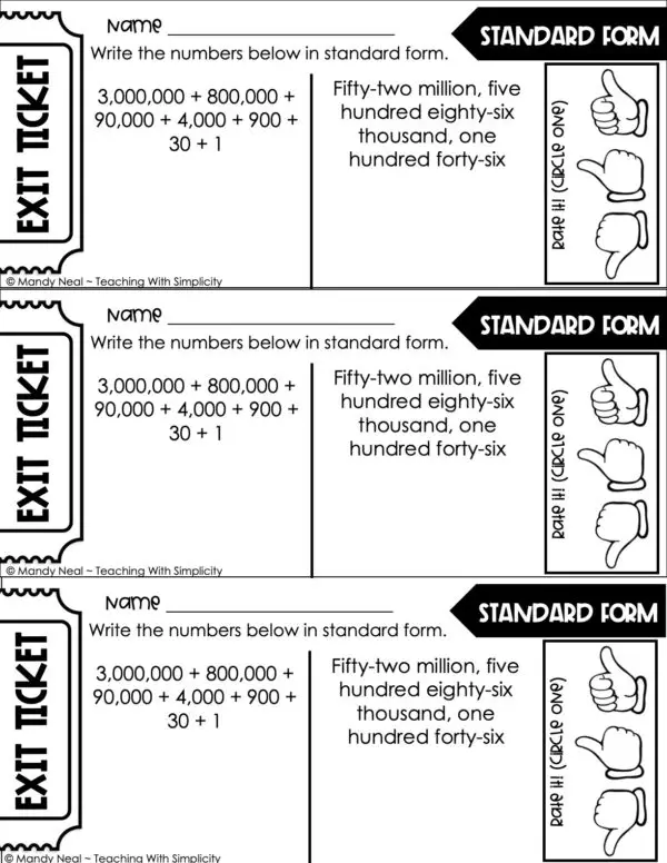 5th Grade Place Value Exit Ticket - Standard Form